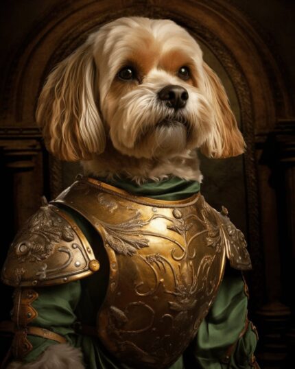 The Golden Knight – Custom Design Pet Canvas features your pet as a noble knight in gold armor and a green tunic, posed regally before an arched backdrop—an ideal royal touch for your space.
