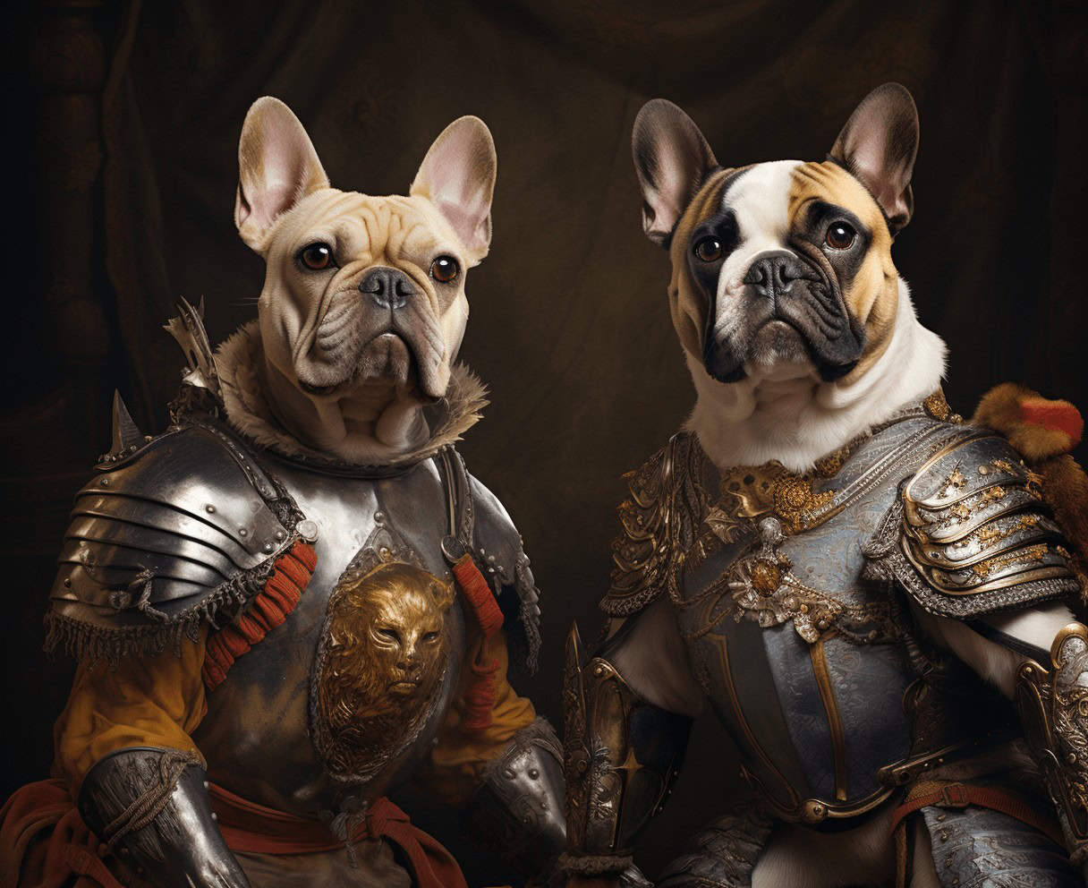 Two French Bulldogs In Ornate Medieval Knight Armor Pose Regally, Inspiring &Amp;Quot;The Royal Knights #34 - Custom Pet Canvas&Amp;Quot;—A Perfect Choice For Unique Pet-Themed Canvas Prints To Enhance Your Home Décor. Two French Bulldogs in ornate medieval knight armor pose regally, inspiring "The Royal Knights #34 - Custom Pet Canvas"—a perfect choice for unique pet-themed canvas prints to enhance your home décor.