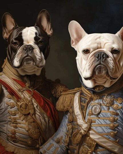 Transform your pets into art with "19th Century Soldier Dogs - Duo #33 - Custom Pet Canvas," featuring two French bulldogs in detailed historical military uniforms, styled like classic royal portraits—an ideal custom design for your home.