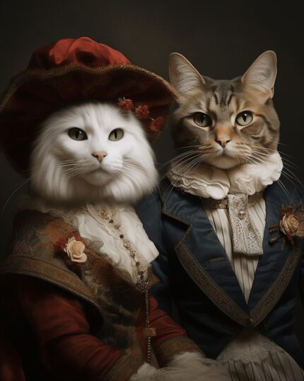 The Classsy Couple #31 - Custom Pet Canvas features two cats in historical costumes posing together in a classic portrait, adding unique charm and character to your space.