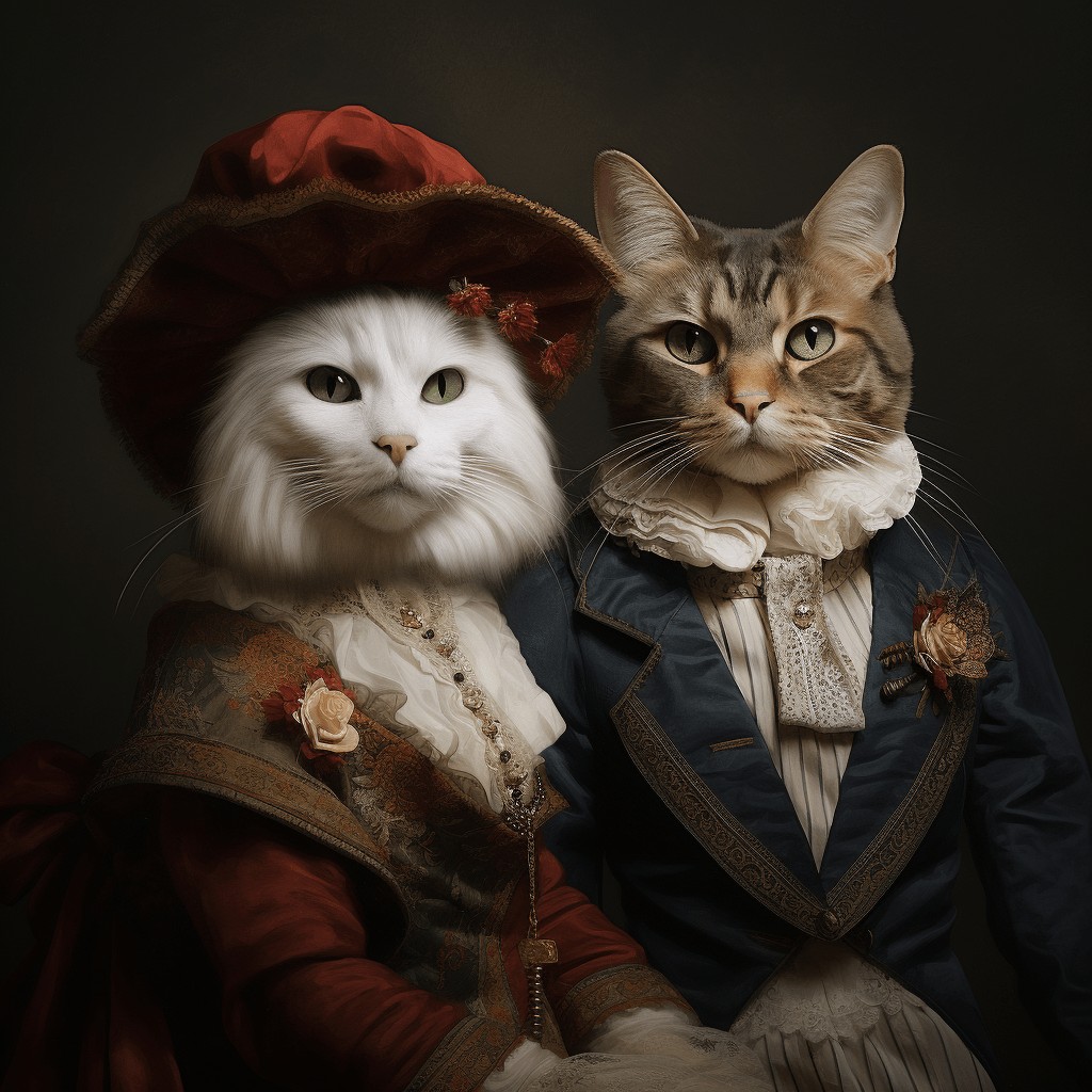 The Classsy Couple #31 - Custom Pet Canvas Features Two Cats In Historical Costumes Posing Together In A Classic Portrait, Adding Unique Charm And Character To Your Space. The Classsy Couple #31 - Custom Pet Canvas features two cats in historical costumes posing together in a classic portrait, adding unique charm and character to your space.