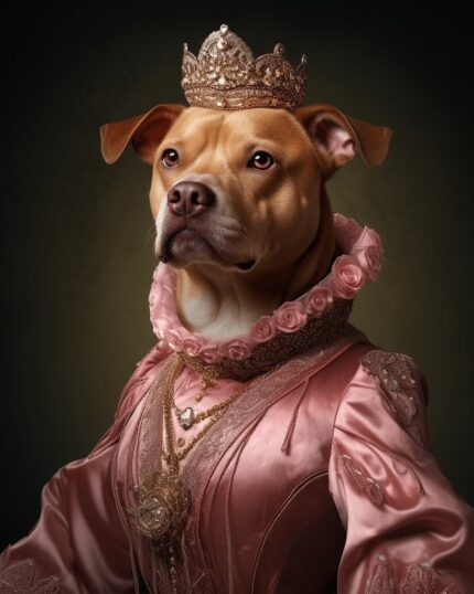 The Pink Pitbull Lady – Custom Design Pet Canvas features your dog in a jeweled crown and pink royal gown, adding regal charm and elegance to your space.