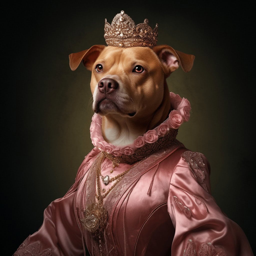 The Pink Pitbull Lady – Custom Design Pet Canvas features your dog in a jeweled crown and pink royal gown, adding regal charm and elegance to your space.