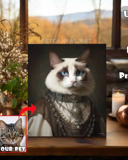 A portrait of a Snowshoe cat in royal attire, titled The Regal Snowshoe – Custom Design Pet Canvas, is displayed on a table. Next to it, a real pet photo points with an arrow labeled Your Pet. Text highlights Unique Gift and Wall Decor.