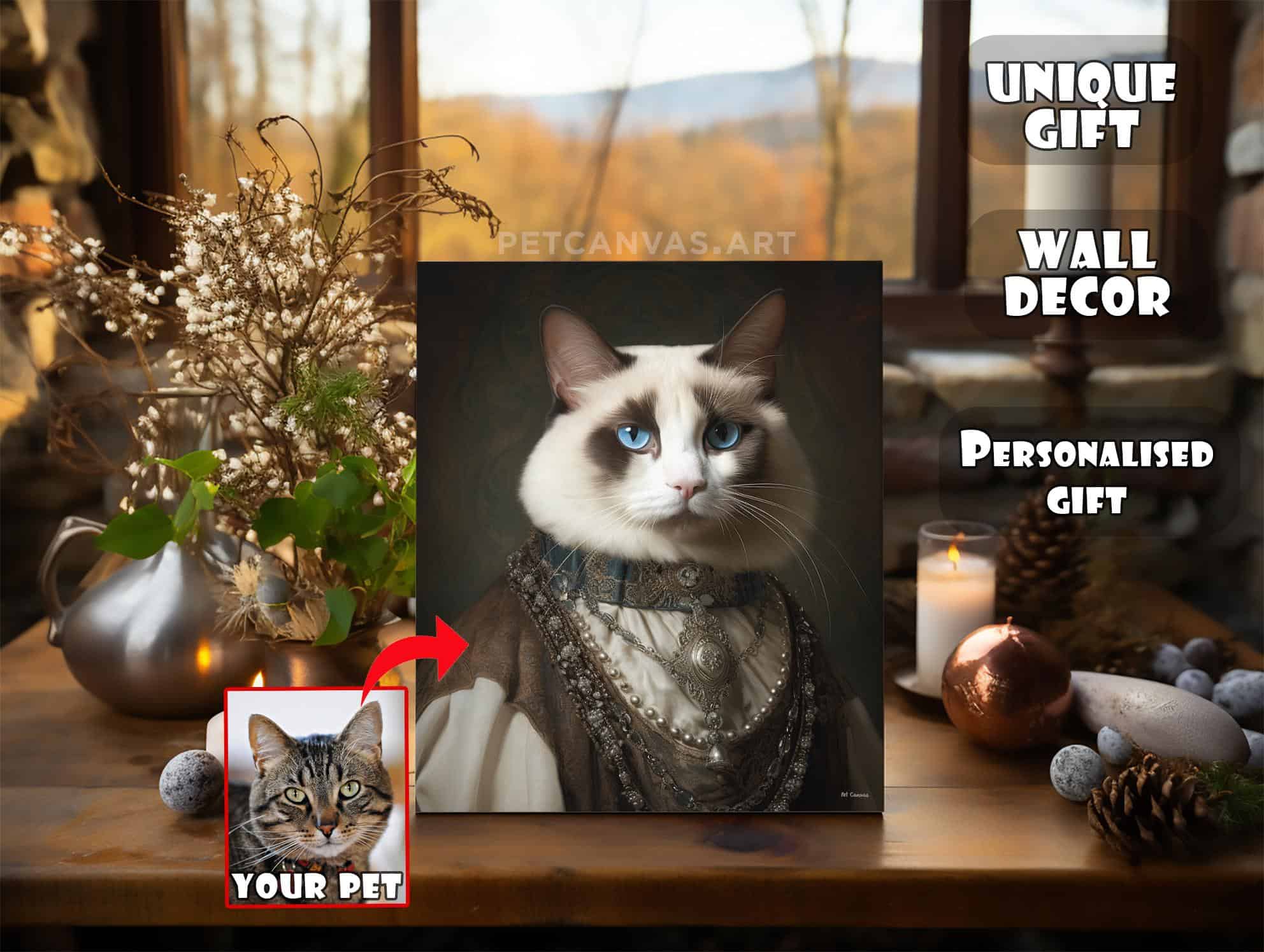 Kraliyet kıyafetleri giymiş bir Snowshoe kedisinin portresi, The Regal Snowshoe – Özel Tasarım Evcil Hayvan Tuval adlı eser, bir masanın üzerinde sergileniyor. Yanında, gerçek bir evcil hayvan fotoğrafı, Your Pet (Evcil Hayvanınız) yazan bir okla işaretlenmiş. Metin, Unique Gift (Eşsiz Hediye) ve Wall Decor (Duvar Dekorasyonu) ifadeleriyle vurgulanmış.