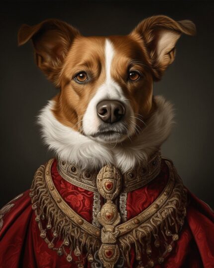 Celebrate your companion’s charm with the "Jack Russel in Red Royal Uniform – Custom Design Pet Canvas," featuring a regal brown and white dog in an ornate red and gold robe with jeweled embroidery against a dark background.