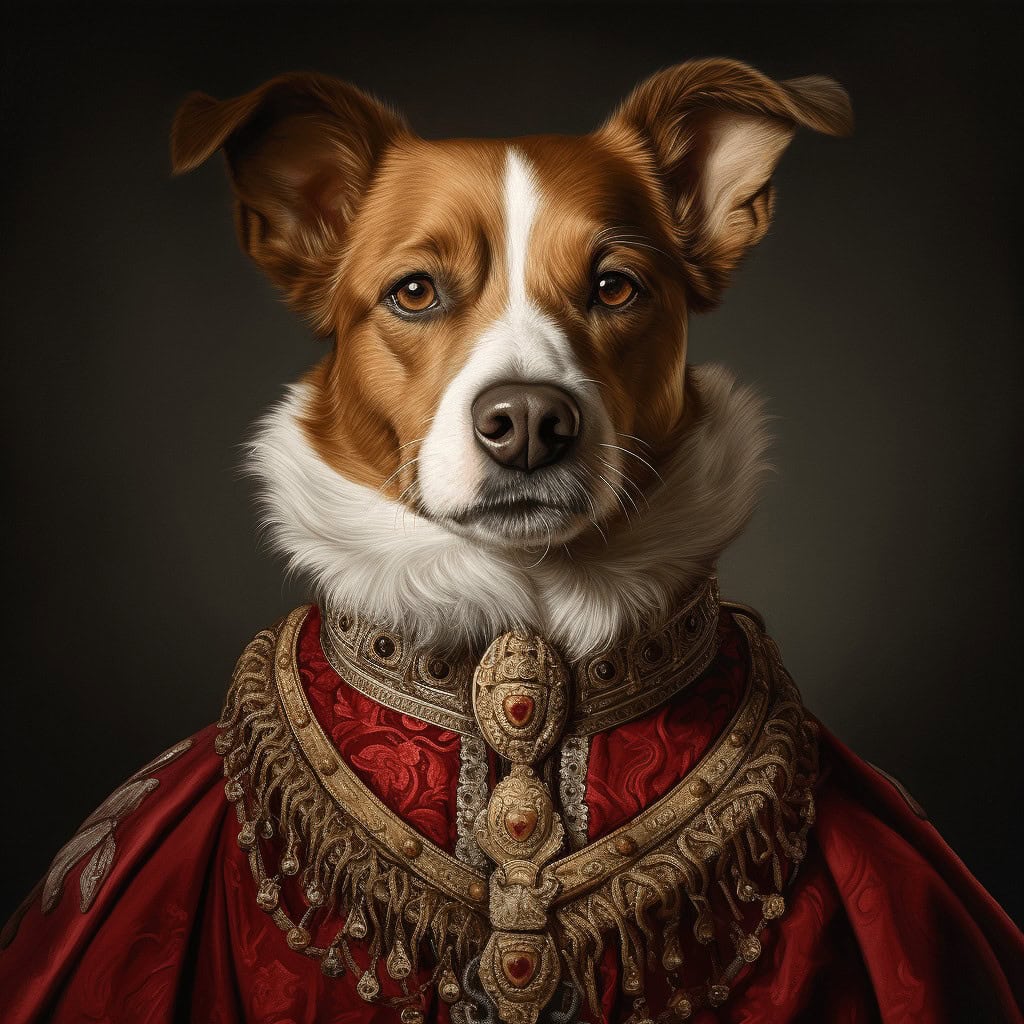 Celebrate Your Companion’s Charm With The &Amp;Quot;Jack Russel In Red Royal Uniform – Custom Design Pet Canvas,&Amp;Quot; Featuring A Regal Brown And White Dog In An Ornate Red And Gold Robe With Jeweled Embroidery Against A Dark Background. Celebrate your companion’s charm with the "Jack Russel in Red Royal Uniform – Custom Design Pet Canvas," featuring a regal brown and white dog in an ornate red and gold robe with jeweled embroidery against a dark background.