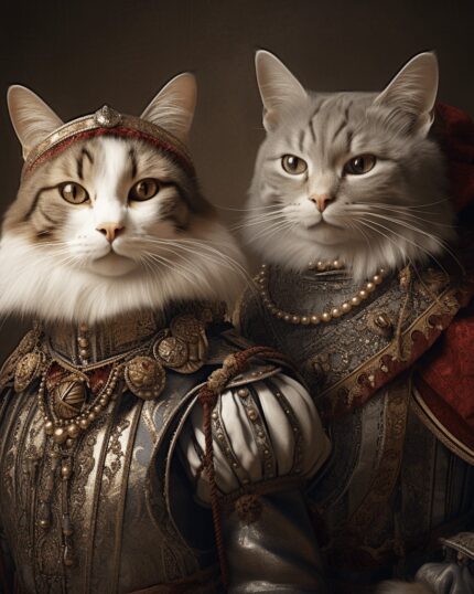The Medieval Duo #28 - Custom Pet Canvas features two regal cats in ornate Renaissance attire and jewelry, posing against a dark backdrop—ideal for custom pet portraits or unique canvas printing.