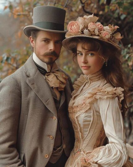 A man and woman in elegant Victorian attire pose outdoors among greenery. Perfect for canvas printing, this inspiring image is ideal for the "Choose Your Theme - Single Portrait" custom pet canvas, blending classic style with modern creativity.