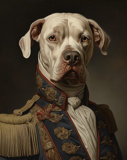The Victorian General – Custom Design Pet Canvas features a stately white dog in an ornate military uniform with gold embroidery and epaulets, posing for a formal portrait on a dark background—ideal for your unique pet decor.