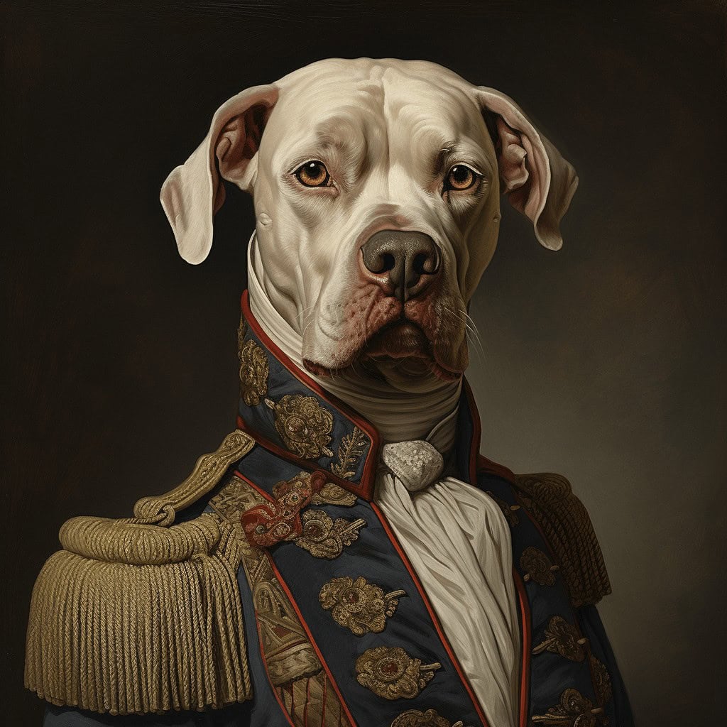 The Victorian General – Custom Design Pet Canvas features a stately white dog in an ornate military uniform with gold embroidery and epaulets, posing for a formal portrait on a dark background—ideal for your unique pet decor.