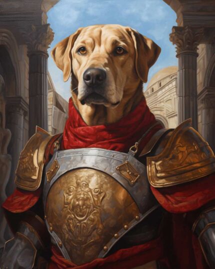 Capture your pet’s majesty with Julius Caesar's Canine - Custom Design Pet Canvas, featuring your loyal companion in gold armor and a red cape within a grand Roman-inspired setting for a striking, regal portrait.