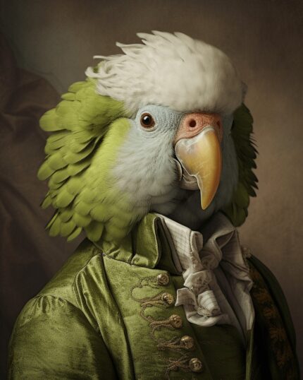 A green parrot with a white crest wears an ornate green coat and cravat, posing against a brown background—a stunning custom portrait on The Noble Wings in Satin – Custom Design Pet Canvas.