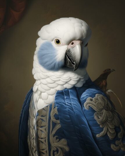 Inspired by regal style, The Blue Feather – Custom Design Pet Canvas features a white and blue parrot in royal blue and silver attire with a small bird, set against a dark, classical backdrop—ideal for a unique pet portrait.