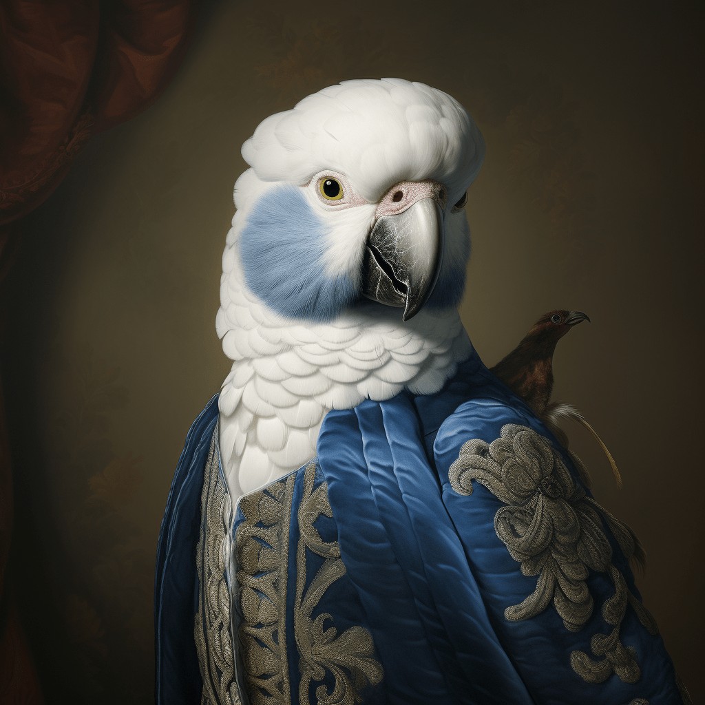 Inspired by regal style, The Blue Feather – Custom Design Pet Canvas features a white and blue parrot in royal blue and silver attire with a small bird, set against a dark, classical backdrop—ideal for a unique pet portrait.