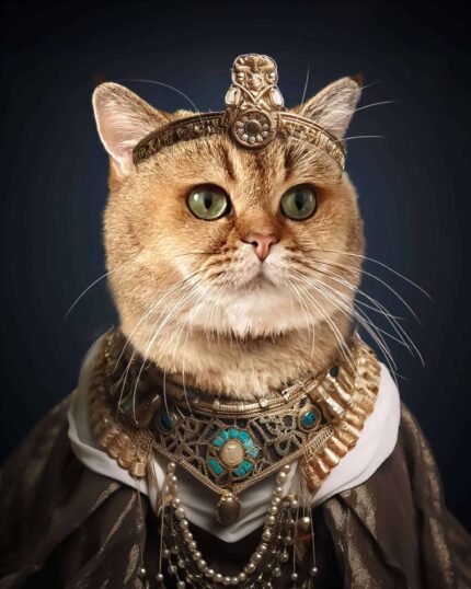 Transform your pet into timeless art with "The Pharoah – Custom Design Pet Canvas," featuring a brown cat in an ornate gold crown and jeweled royal costume, posing regally against a dark background.