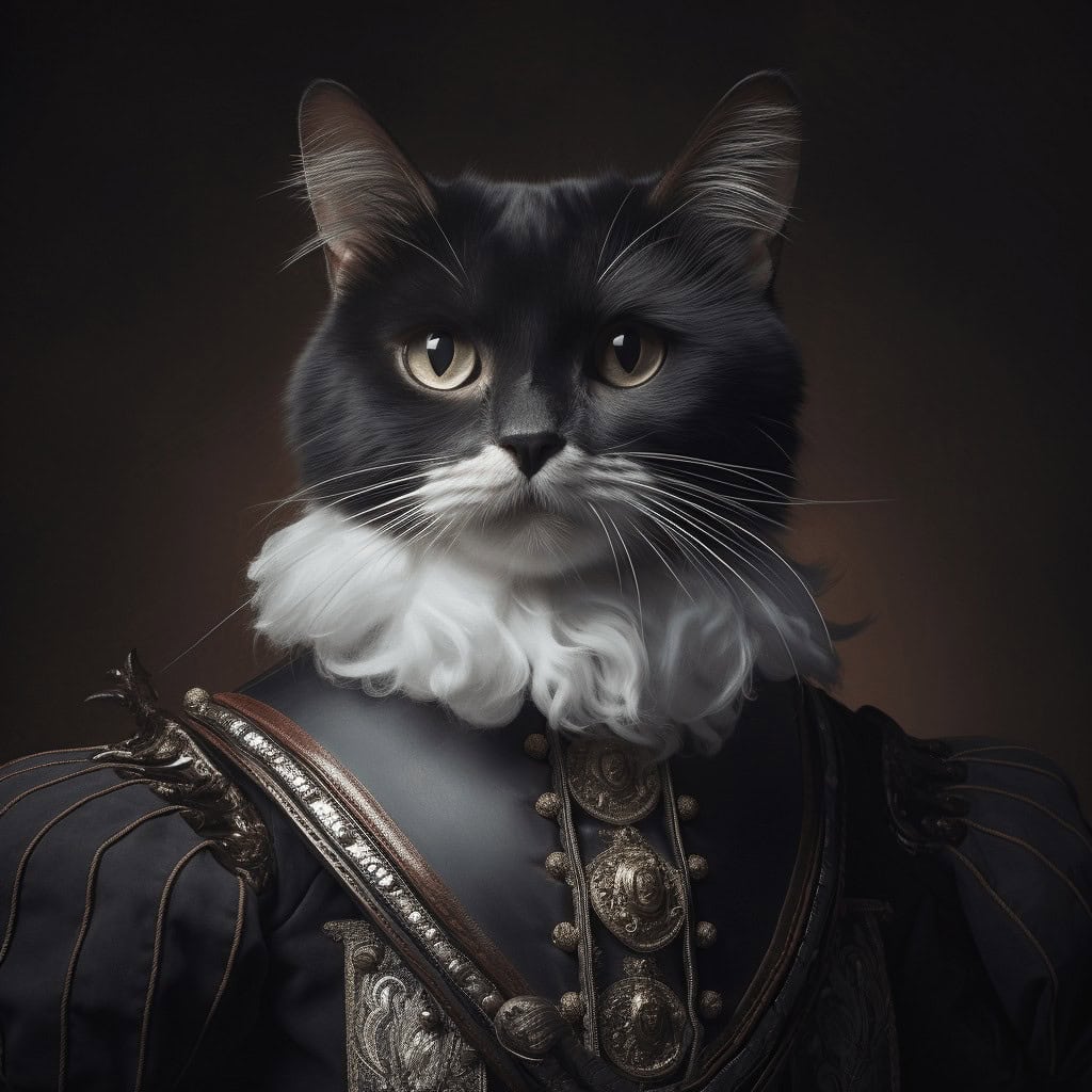 The Antique Puss in Boots – Custom Design Pet Canvas features a regal black and white cat in vintage royal attire with a ruffled collar and ornate shoulder armor—ideal for unique, personalized canvas printing.