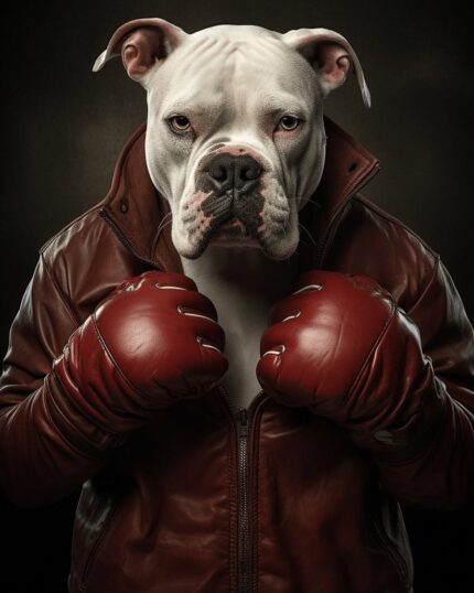 A white bulldog in a brown leather jacket and red boxing gloves stands upright with a serious gaze against a dark background—The Pro Boxer Custom Design Pet Canvas, perfect for unique canvas printing.