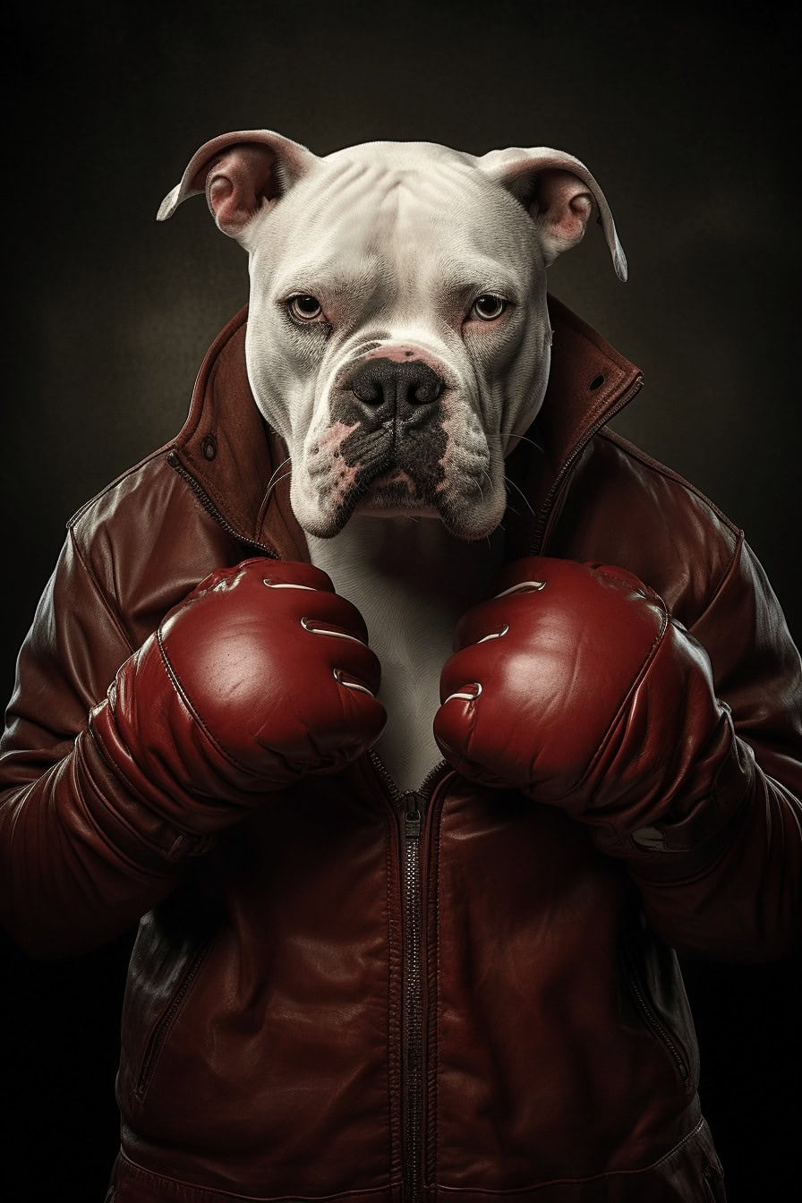 A white bulldog in a brown leather jacket and red boxing gloves stands upright with a serious gaze against a dark background—The Pro Boxer Custom Design Pet Canvas, perfect for unique canvas printing.