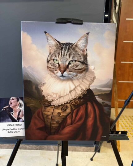 Leonardo's Brilliance– Custom Design Pet Canvas features a cat in Elizabethan attire, styled as a classic portrait. Next to it, a photo of a woman singing with Turkish text highlights the unique artistry of this creative pet canvas.