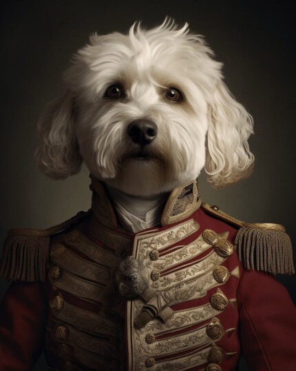 The Renaissance General Pup Portrait – Custom Design Pet Canvas features your pet as a white fluffy dog in an ornate military uniform with gold accents, creating a unique and regal artwork to bring charm and personality to your space.
