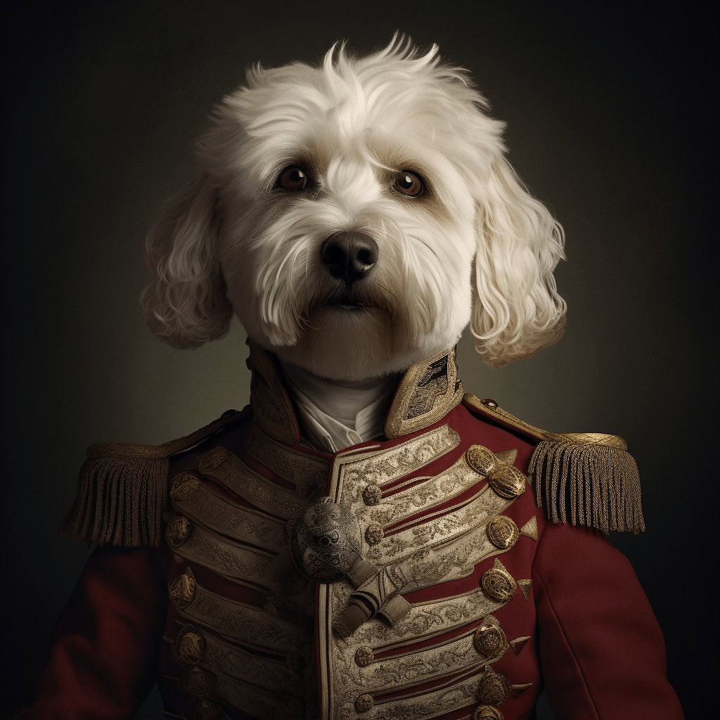 The Renaissance General Pup Portrait – Custom Design Pet Canvas features your pet as a white fluffy dog in an ornate military uniform with gold accents, creating a unique and regal artwork to bring charm and personality to your space.