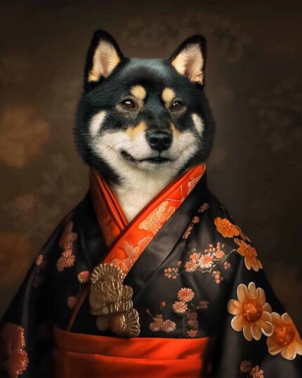 The Geisha - Custom Pet Canvas features a Shiba Inu in a traditional Japanese kimono with floral patterns and orange accents, set against a dark, softly blurred background—ideal for custom pet canvas or canvas printing.