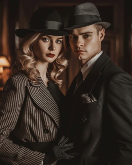 A stylish man and woman in vintage 1940s attire pose together in an elegant, softly lit room—perfect inspiration for a Choose Your Theme - Single Portrait custom canvas.