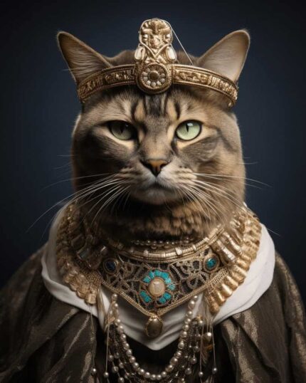 The Pharoah – Custom Design Pet Canvas features a regal tabby cat in a gold crown and beaded necklaces, draped in luxury against a dark backdrop—the ultimate inspiration for your personalized pet portrait.