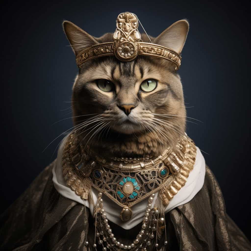 The Pharoah – Custom Design Pet Canvas features a regal tabby cat in a gold crown and beaded necklaces, draped in luxury against a dark backdrop—the ultimate inspiration for your personalized pet portrait.