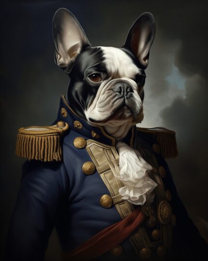 Altın düğmeli süslü lacivert üniforma ve fırfırlı kravat giymiş siyah beyaz bir Fransız bulldog, karamsar bir arka plan önünde poz veriyor ve gerçekten benzersiz bir ev dekorasyonu için “Napoleon – Özel Tasarım Evcil Hayvan Tuval”i sergiliyor.