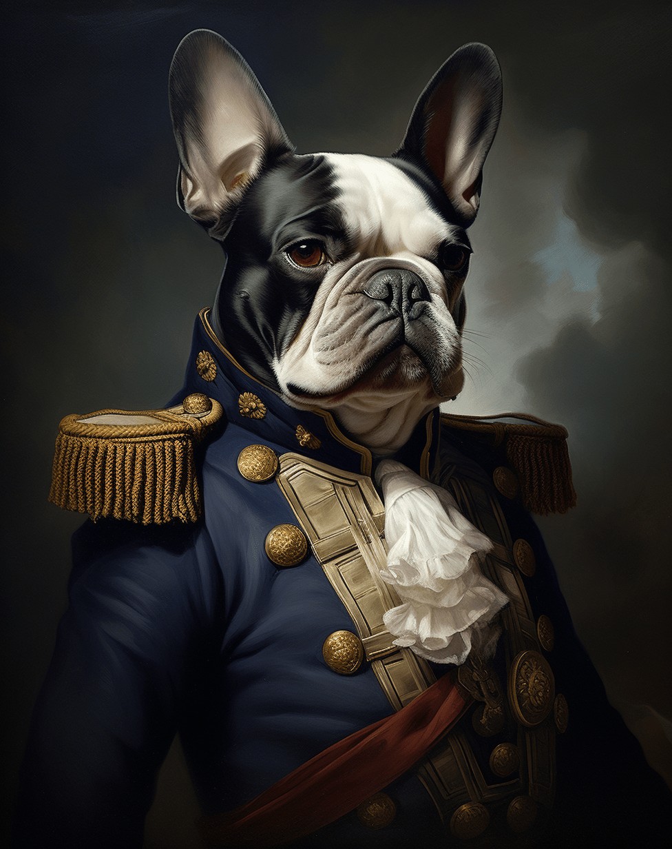 Altın düğmeli süslü lacivert üniforma ve fırfırlı kravat giymiş siyah beyaz bir Fransız bulldog, karamsar bir arka plan önünde poz veriyor ve gerçekten benzersiz bir ev dekorasyonu için “Napoleon – Özel Tasarım Evcil Hayvan Tuval”i sergiliyor.