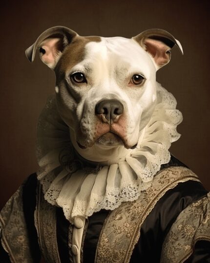 The Noble Pitbull Lady – Custom Design Pet Canvas features a pitbull in an ornate, vintage-style outfit with lace ruffles, posed in classic portrait style against a dark background for timeless elegance.