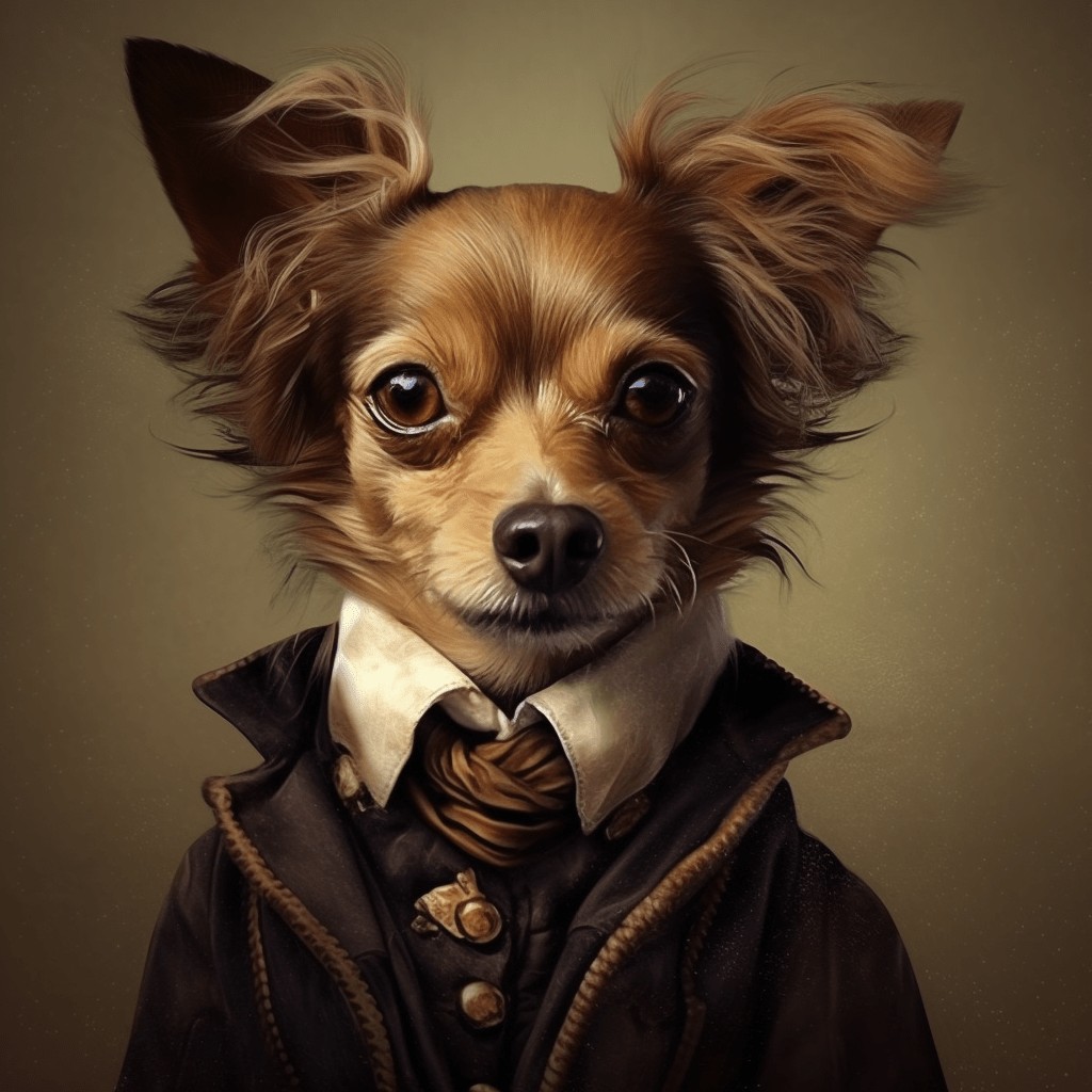 The Royal Chorkie – Custom Design Pet Canvas Features A Small Brown Dog With Large Ears In An Old-Fashioned Suit, White Shirt, And Cravat, Posed Against A Plain Background For A Classic Painted Portrait Look. The Royal Chorkie – Custom Design Pet Canvas features a small brown dog with large ears in an old-fashioned suit, white shirt, and cravat, posed against a plain background for a classic painted portrait look.
