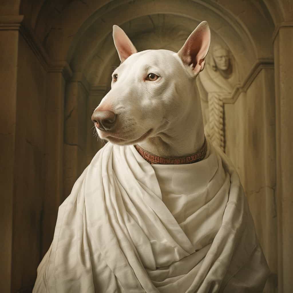Showcasing a regal bull terrier in a toga among classical arches, the Royal Roman - Custom Design Pet Canvas offers timeless charm—perfect for unique custom pet canvas printing inspired by ancient Rome.