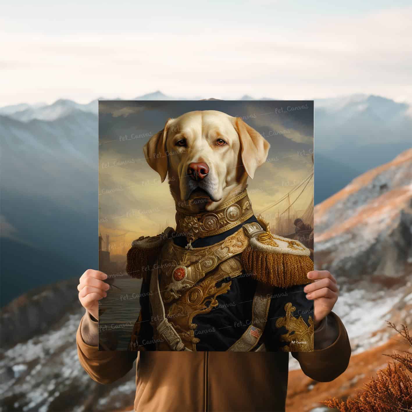A person holds The Royal Admiral – Custom Design Pet Canvas, showcasing a Labrador in an ornate military uniform against mountains and a cloudy sky, with a regal pose reminiscent of a classical historical painting.