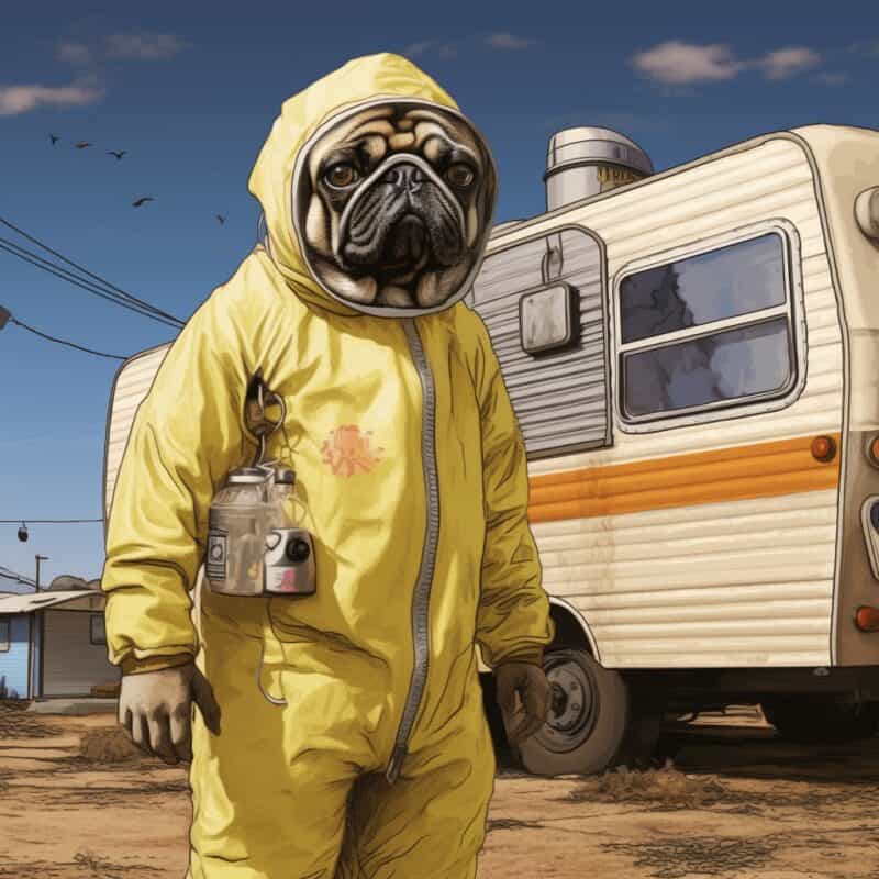 wesgill a pug in a yellow chemical suit standing outside an old ab961d7f 3992 4ddb 9e5f 571400304cc1
