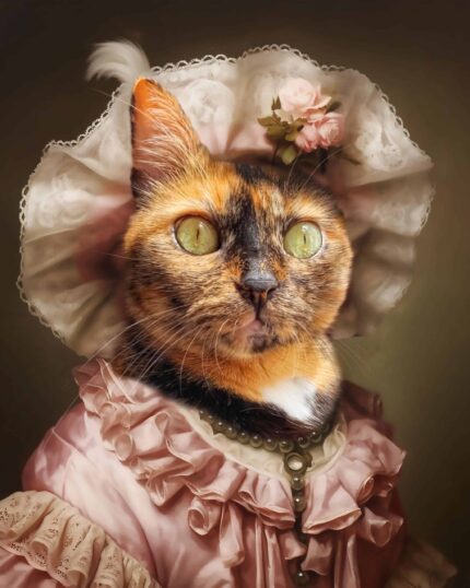 Pembe fırfırlı elbise ve dantelli şapka giymiş turuncu ve siyah bir kedi, koyu renkli bir arka plan önünde poz veriyor — The Antique Lady – Custom Design Pet Canvas için ideal bir konu.