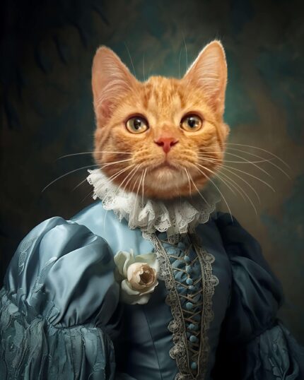A regal orange tabby cat in an ornate blue Victorian gown with lace and a white flower poses against an elegant dark background—featured on The Noble Lady #20 - Custom Design Pet Canvas.