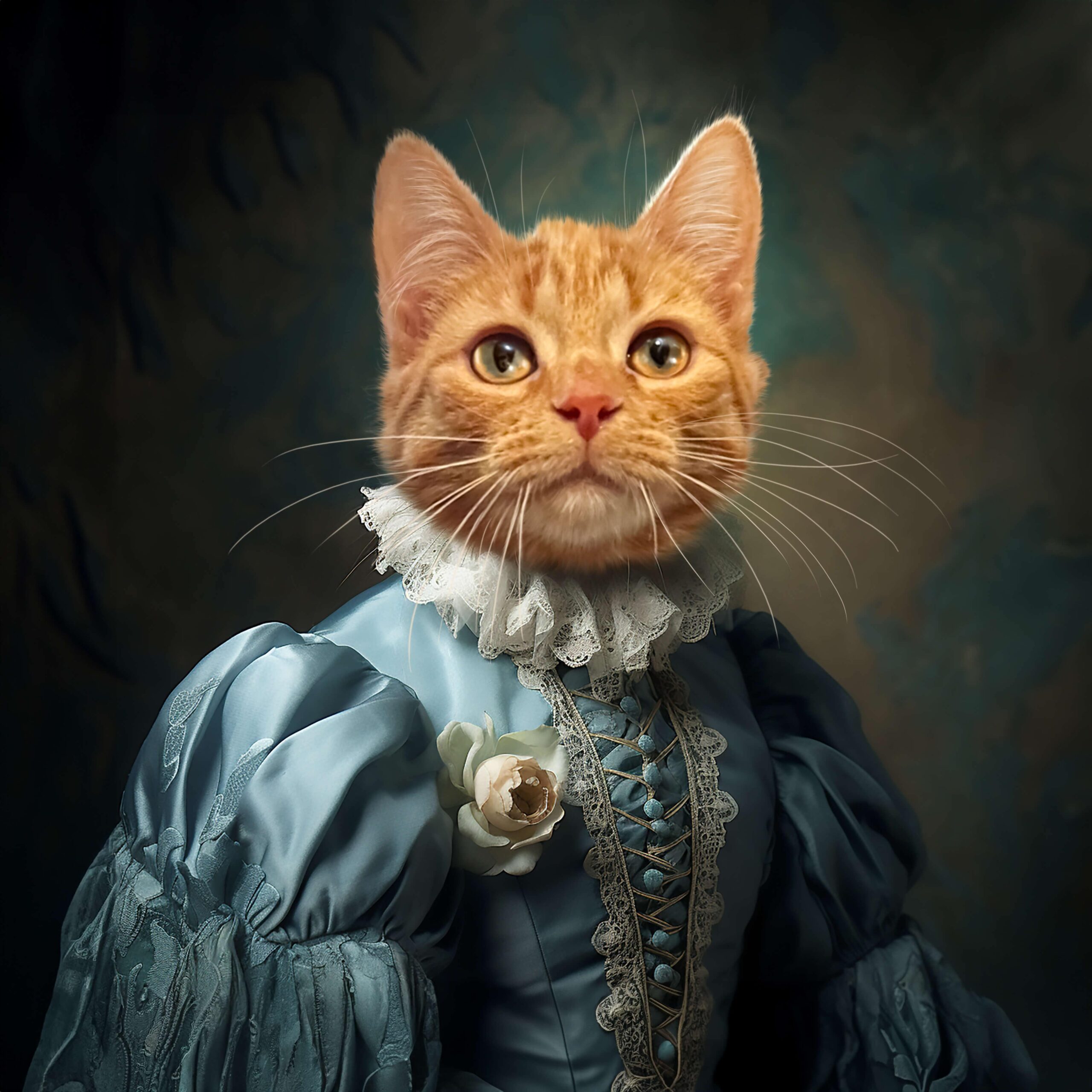 A Regal Orange Tabby Cat In An Ornate Blue Victorian Gown With Lace And A White Flower Poses Against An Elegant Dark Background—Featured On The Noble Lady #20 - Custom Design Pet Canvas. A regal orange tabby cat in an ornate blue Victorian gown with lace and a white flower poses against an elegant dark background—featured on The Noble Lady #20 - Custom Design Pet Canvas.