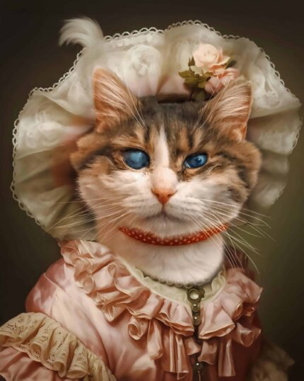 Mavi gözlü bir kedi, vintage pembe fırfırlı elbise, şapka ve inciler takıyor. Bu görüntü, benzersiz evcil hayvan portreleri için ideal olan "The Antique Lady – Custom Design Pet Canvas" adlı eserde yer alıyor.