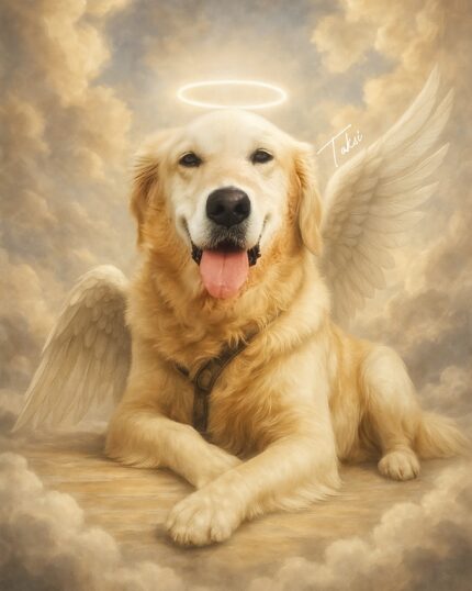 A golden retriever with angel wings and halo, custom pet portrait art for dog lovers and pet memorials.