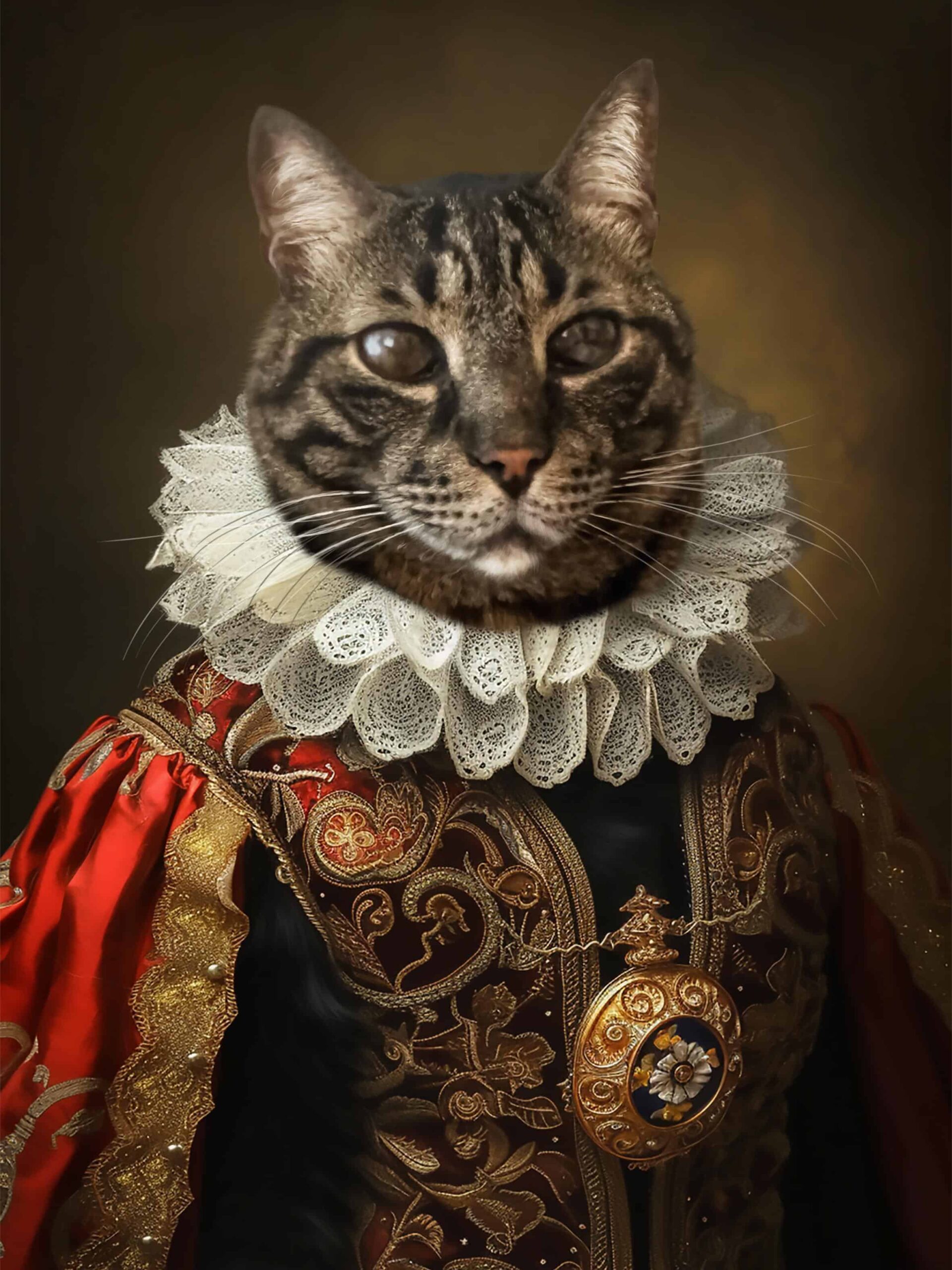 The &Amp;Quot;Aristocratic Whiskers - Custom Noble Pet Portrait&Amp;Quot; Features A Tabby Cat’s Head On A Human Body In A Red And Gold Embroidered Gown With Lace Ruff Collar, Set Against A Dramatic Dark Background. The "Aristocratic Whiskers - Custom Noble Pet Portrait" features a tabby cat’s head on a human body in a red and gold embroidered gown with lace ruff collar, set against a dramatic dark background.