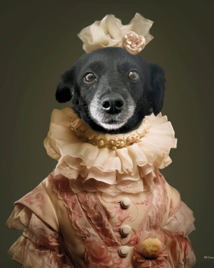 Beyaz lekeleri olan siyah bir köpek, Sophisticated Lady – Özel Tasarım Evcil Hayvan Tuvalinde süslü, vintage tarzı bir elbise ve şapka giyiyor. Düz bir arka plan, evcil hayvanınızın zarif, özel tasarım kıyafetini öne çıkarıyor.