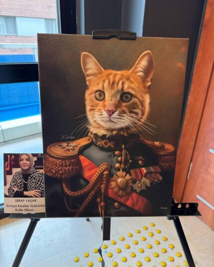 The Marshal's Portrait – Custom Design Pet Canvas shows an orange tabby cat as a decorated military officer on an easel. Below is a card with a woman's portrait and Turkish text celebrating World Cat Day.