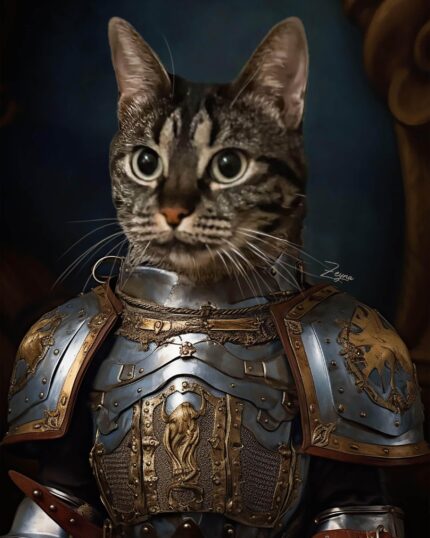 Feline Defender – Custom Design Pet Canvas features a tabby cat’s head on a knight’s ornate blue and gold armor set against a regal dark background, creating a striking, unique canvas perfect for custom pet-themed wall art.