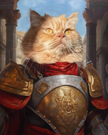 Transform your pet into a hero with the Gallant Guardian - Custom Warrior Pet Portrait, featuring a majestic orange cat in gold and silver armor with a red cape, posed proudly in an ancient stone courtyard under a blue sky.