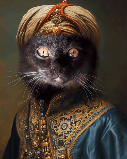 The Sultan of Purr-sia - Majestic Cat Portrait features a black cat with yellow eyes in royal attire and jeweled turban, resembling a noble or sultan, set against a dark backdrop—ideal for a custom pet canvas design.