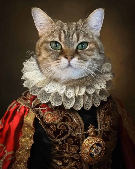 The Black Cat Renaissance – Custom Design Pet Canvas features a green-eyed cat in ornate Renaissance attire, with a lace ruff collar, embroidered robe, and jeweled brooch set against a dark classical background.