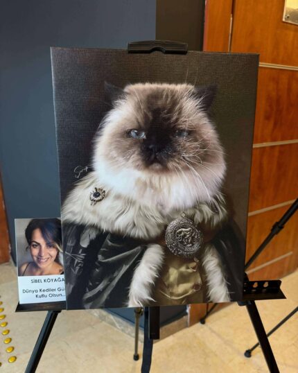 The John Snow – Custom Design Pet Canva features a fluffy, blue-eyed cat in royal attire with medals on an easel, next to a photo of a smiling woman with blue hair, showcasing the appeal of custom canvas printing.